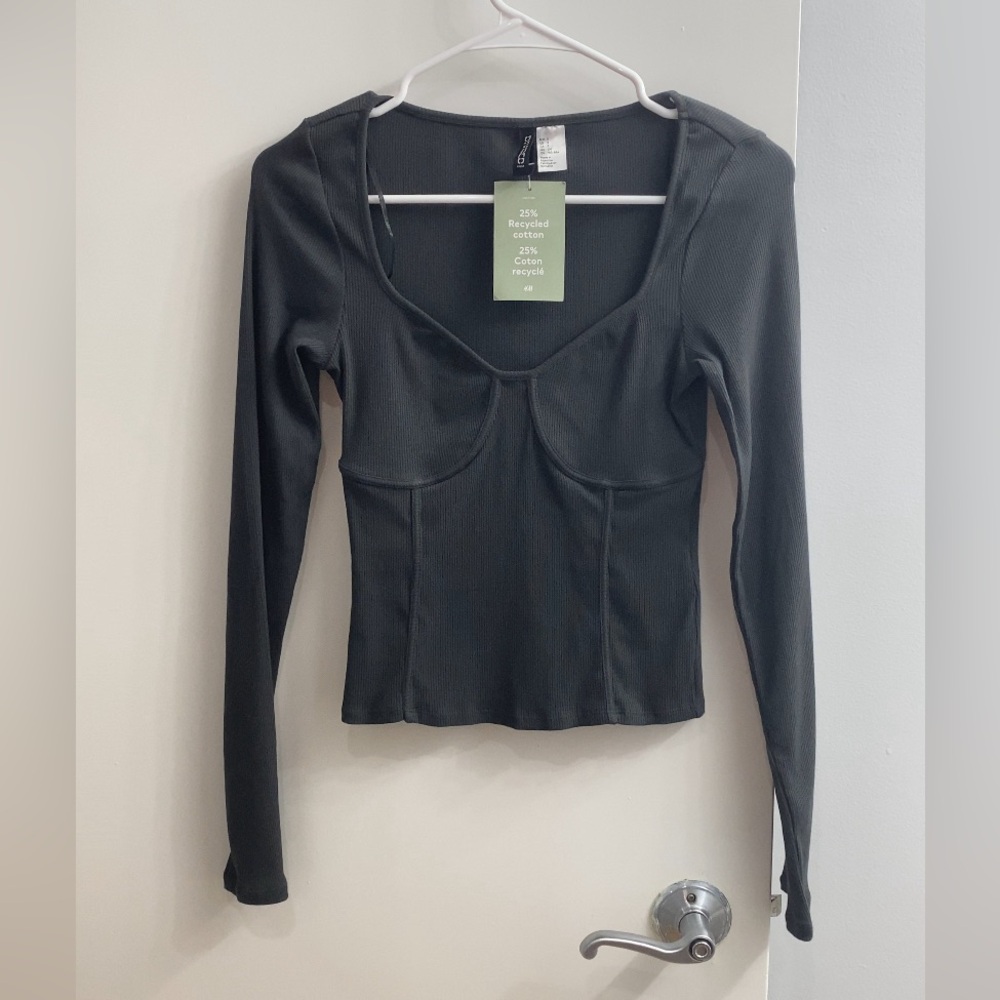 H&M New Ribbed Long Sleeve Top Women’s S | Fitted Black Scoop Neck Shirt
